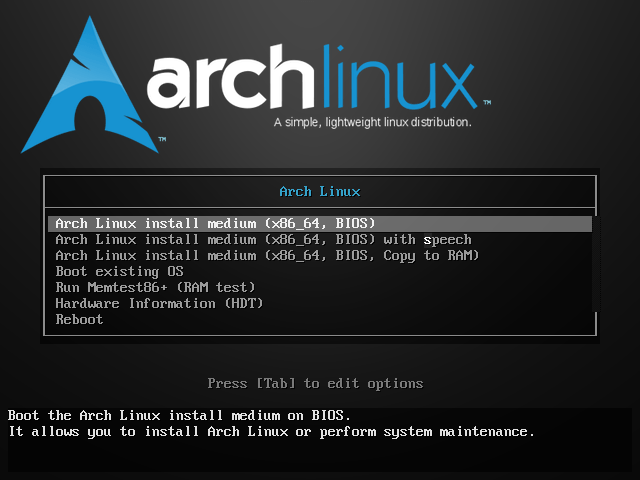 Arch Linux インストールメディア ブート画面